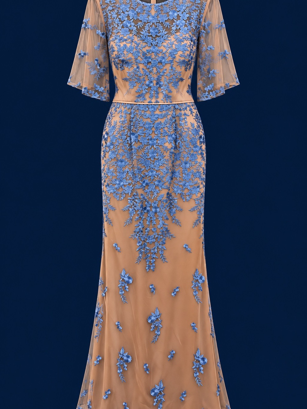 Beautiful MOB or MOG dress-Nude Maxi Dress with Blue Floral Appliqué Overlay